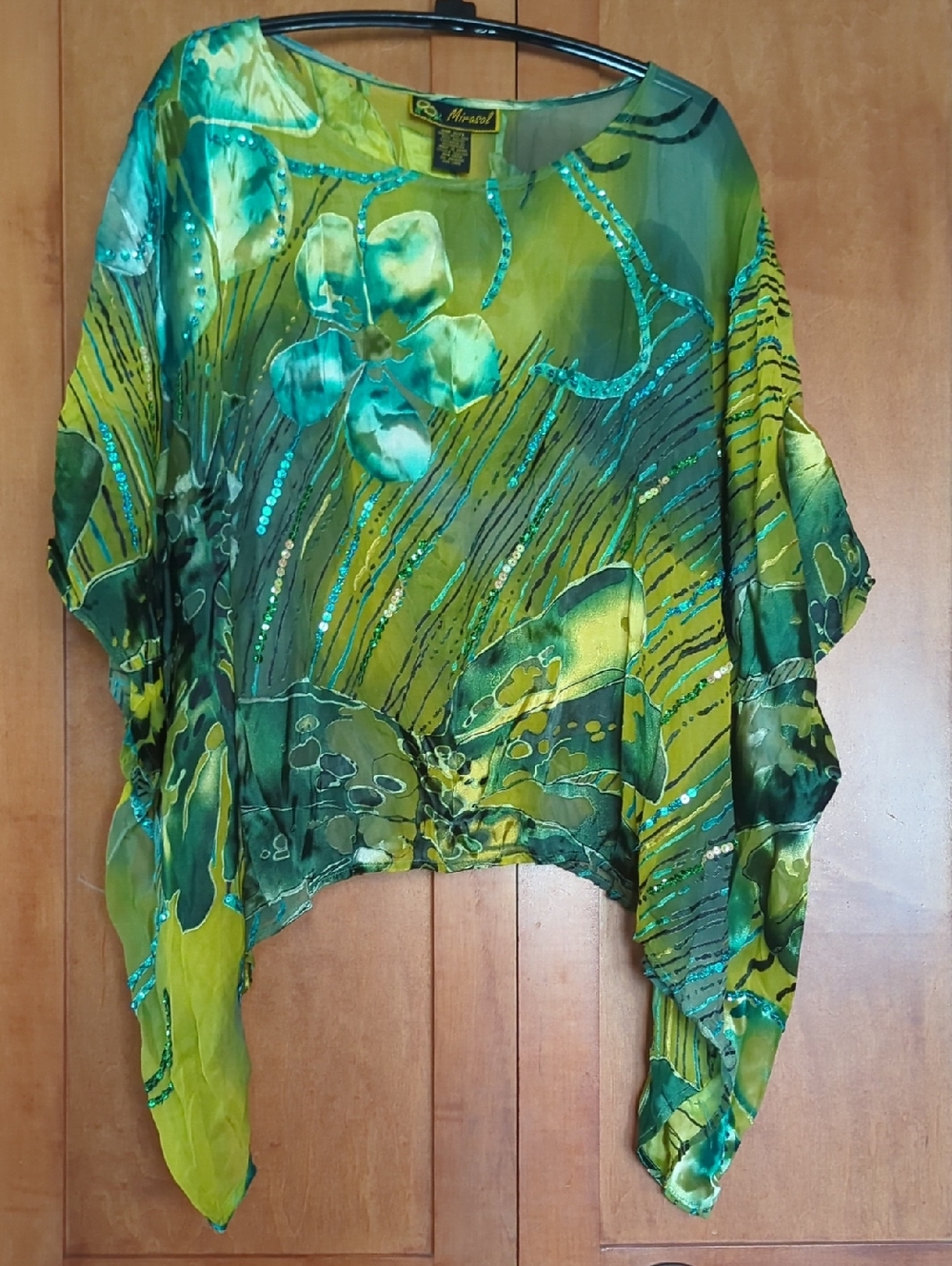 Mirasol Green and Teal Floral Sheer Silk Poncho Top